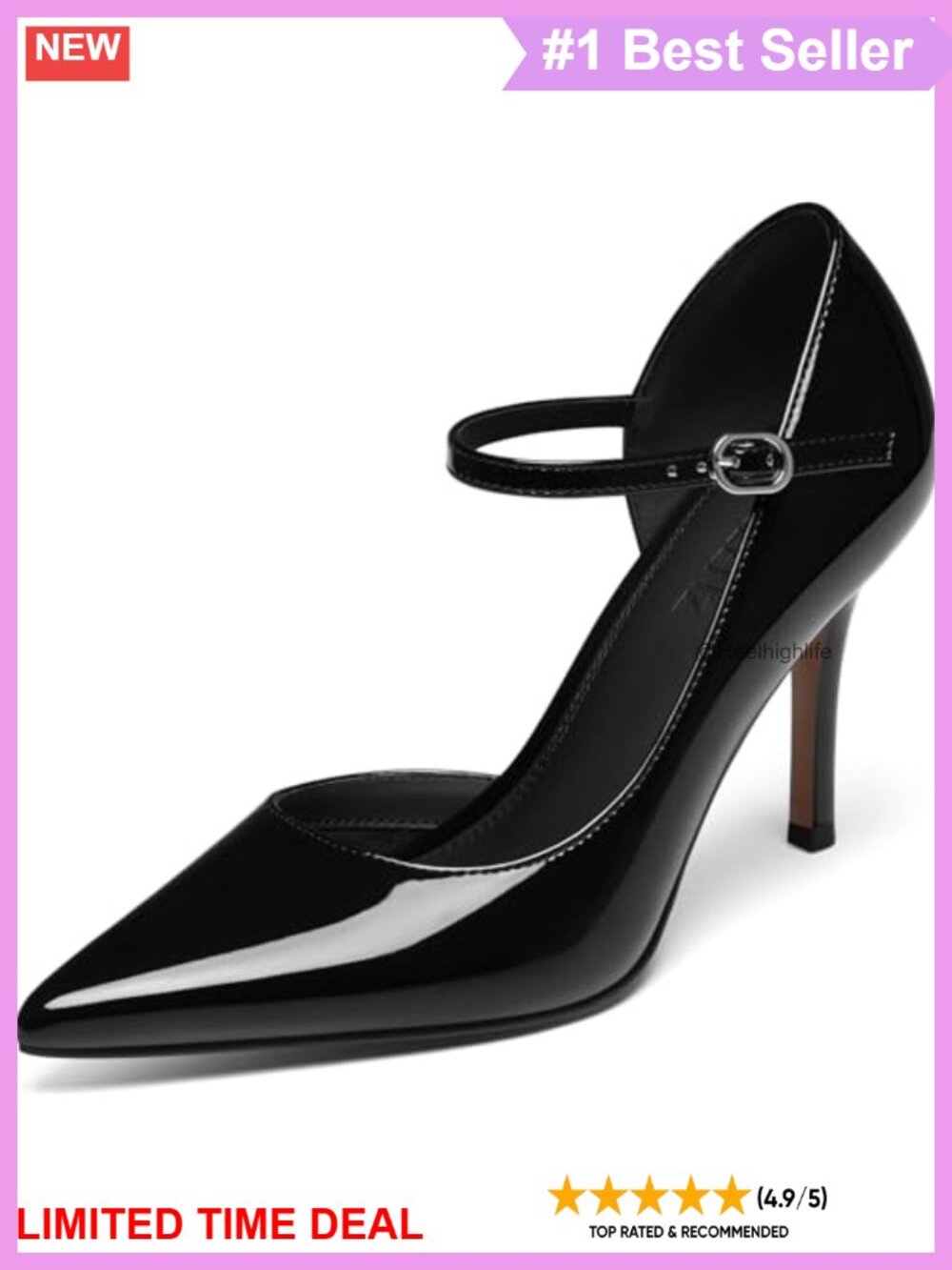 Pointed Toe Stiletto Heel Pump with Ankle Strap Buckle and Faux Leather